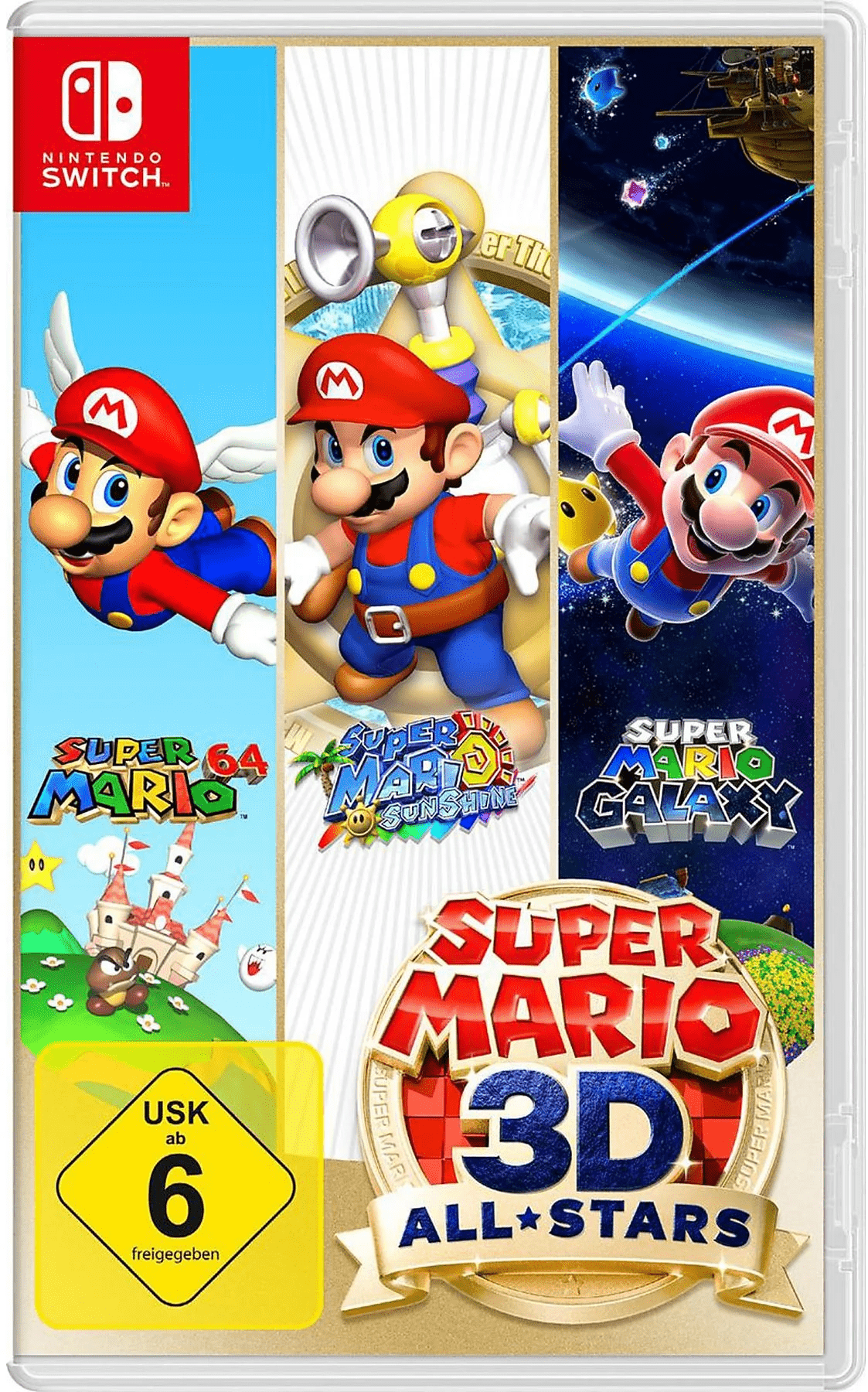 Cover mit den drei klassischen Mario-Spielen: Super Mario 64, Super Mario Sunshine und Super Mario Galaxy.