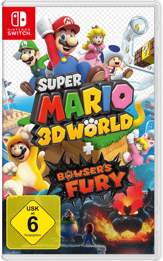 Das Cover zeigt Mario, Luigi, Peach und weitere Figuren in Katzenkostümen auf einer abenteuerlichen Inselwelt. Unten wird Bowser in seiner wütenden Fury-Form dargestellt, was Spannung und Kontrast erzeugt. Das Spiel kombiniert klassisches 3D-Jump’n’Run mit einem düsteren Zusatzabenteuer. USK 6.