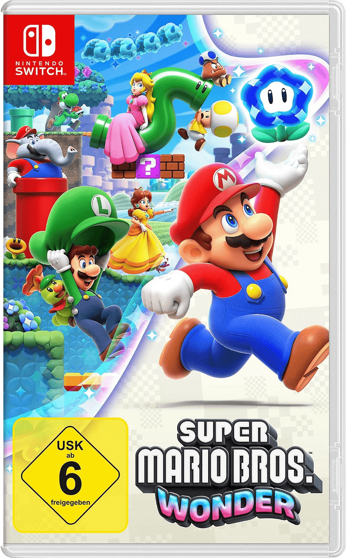 Spielecover mit Mario, Luigi, Peach, Daisy und weiteren Charakteren in einer lebendigen, farbenfrohen Jump-'n'-Run-Welt. Im Zentrum springt Mario freudig in die Luft.