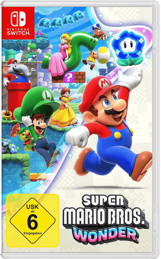 Spielecover mit Mario, Luigi, Peach, Daisy und weiteren Charakteren in einer lebendigen, farbenfrohen Jump-'n'-Run-Welt. Im Zentrum springt Mario freudig in die Luft.