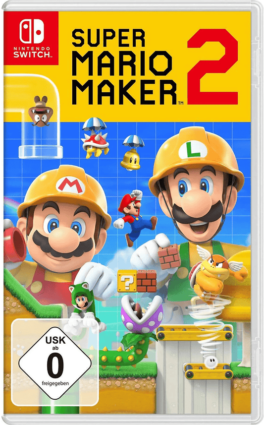 Spielcover von "Super Mario Maker 2" mit Mario und Luigi in Baumeister-Outfits und Level-Elementen.