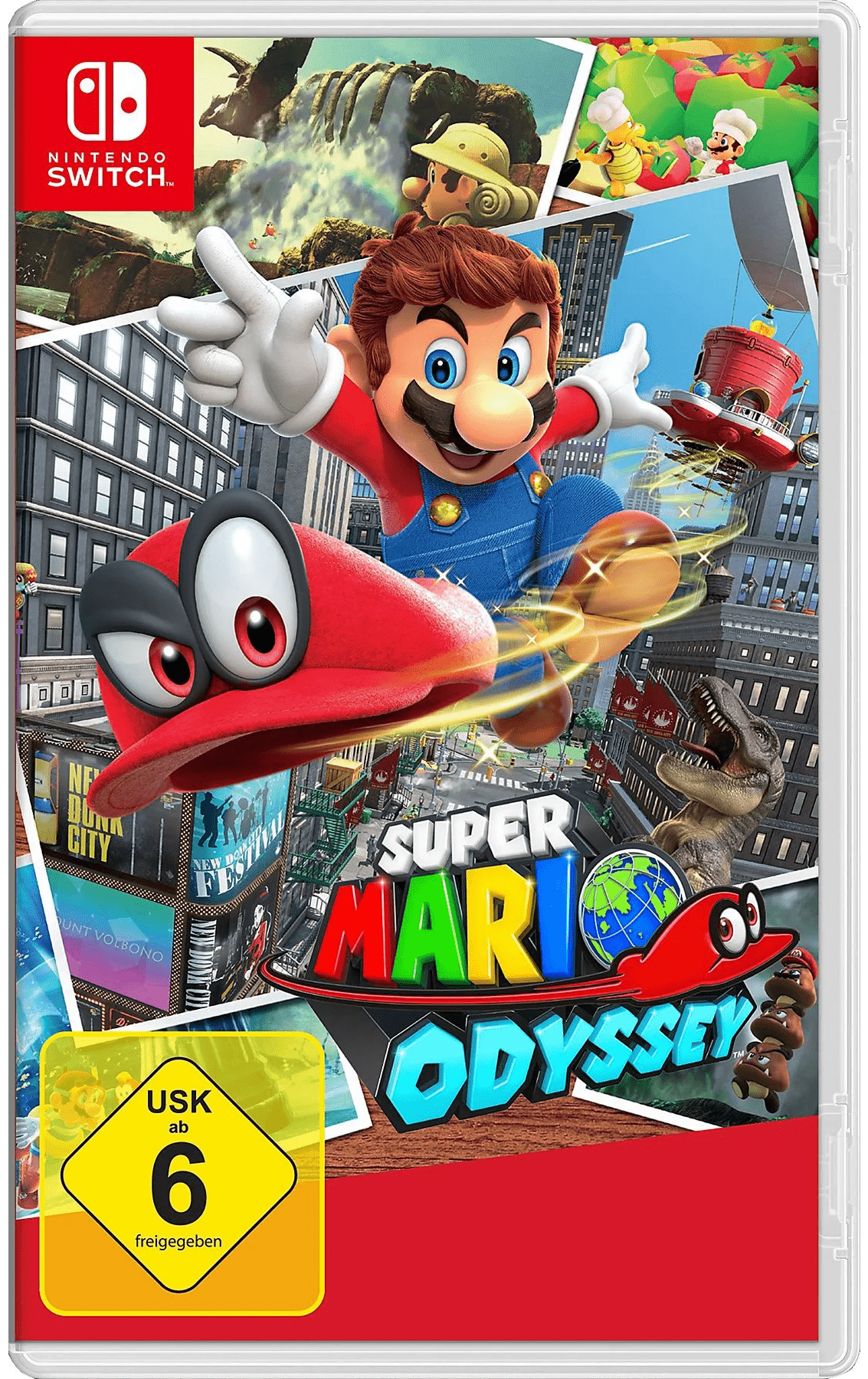 Das Bild zeigt das offizielle Cover des Nintendo Switch Spiels Super Mario Odyssey. Im Mittelpunkt des Artworks ist Mario mit seiner ikonischen roten Mütze „Cappy“ zu sehen, wie er durch eine bunte, dynamische Spielwelt springt. Im Hintergrund erscheinen Szenen aus verschiedenen Welten wie New Donk City, ein tropischer Dschungel und ein Wüstengebiet. Das Cover ist farbenfroh gestaltet und vermittelt Abenteuer, Action und klassisches Jump’n’Run-Gameplay im typischen Nintendo-Stil.