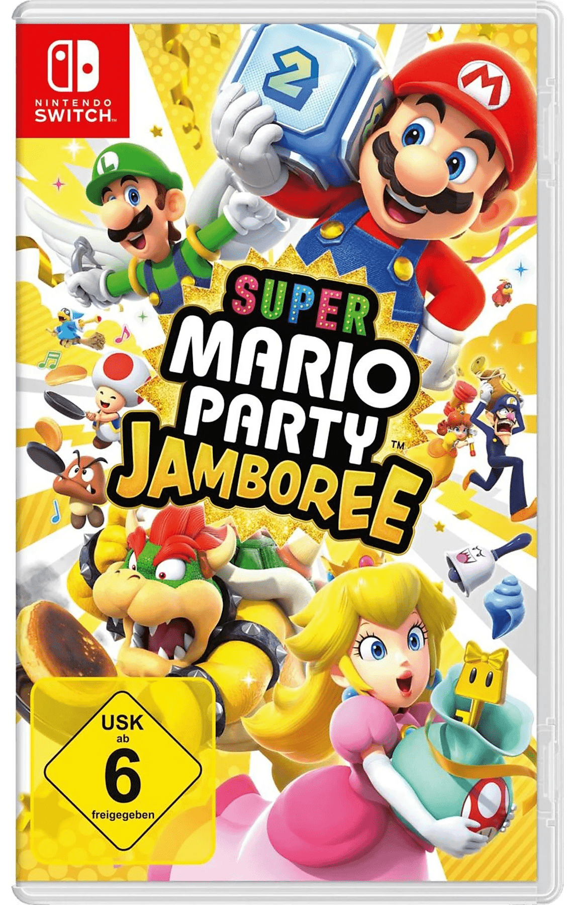Das Bild zeigt das Cover des Nintendo Switch Spiels „Super Mario Party Jamboree“. Im Zentrum ist Mario mit einem Würfelblock in der Hand zu sehen, begleitet von Luigi, Peach, Bowser und weiteren bekannten Charakteren aus dem Mario-Universum. Die Figuren wirken dynamisch, als wären sie mitten im Spielgeschehen. Im Hintergrund dominieren gelbe Farben und ein funkelndes Party-Design. Das farbenfrohe Logo ist mittig platziert, links unten befindet sich das USK-6-Symbol.