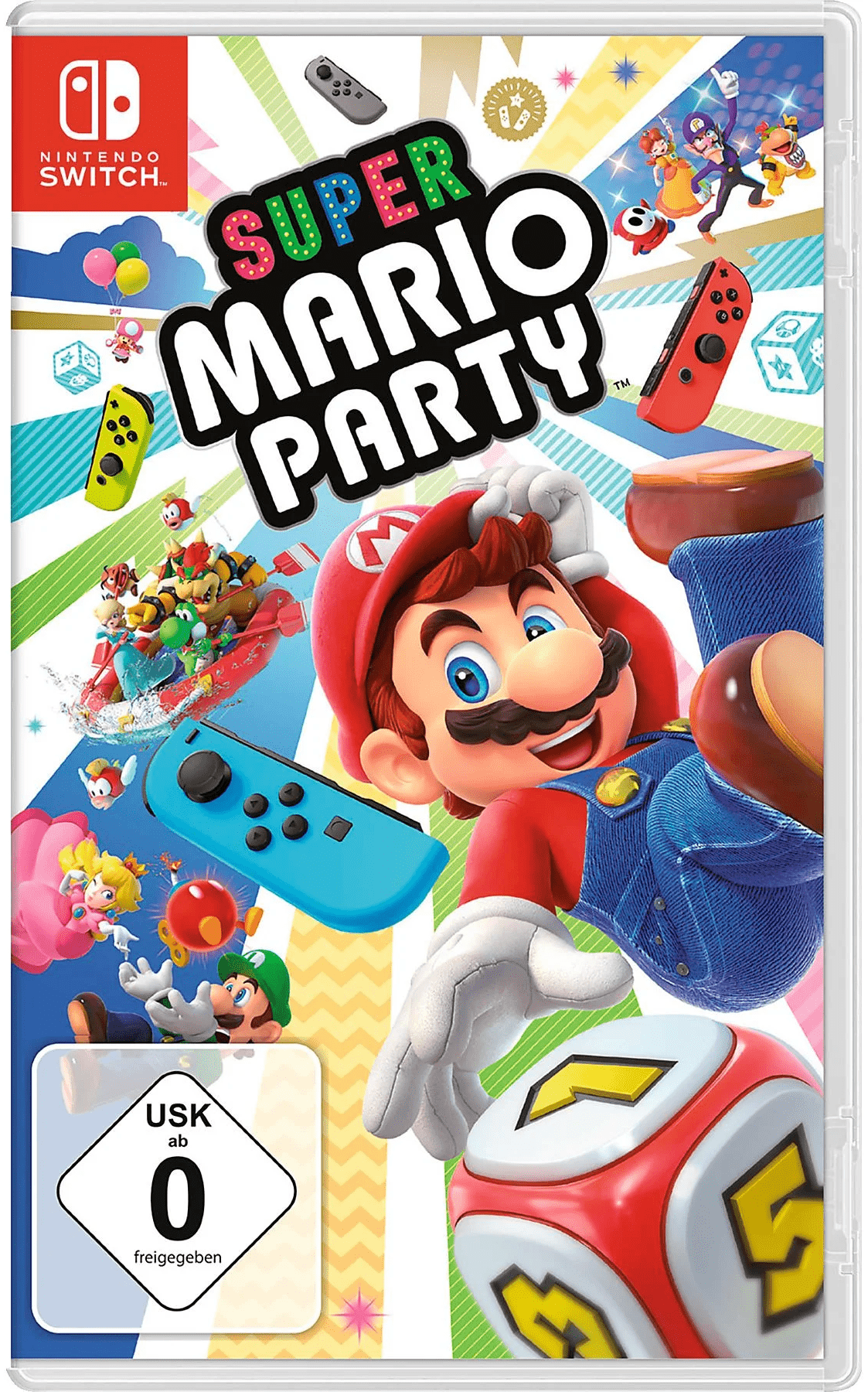 Spielcover von "Super Mario Party" mit Mario, Joy-Cons und verschiedenen Party-Minispielfiguren.