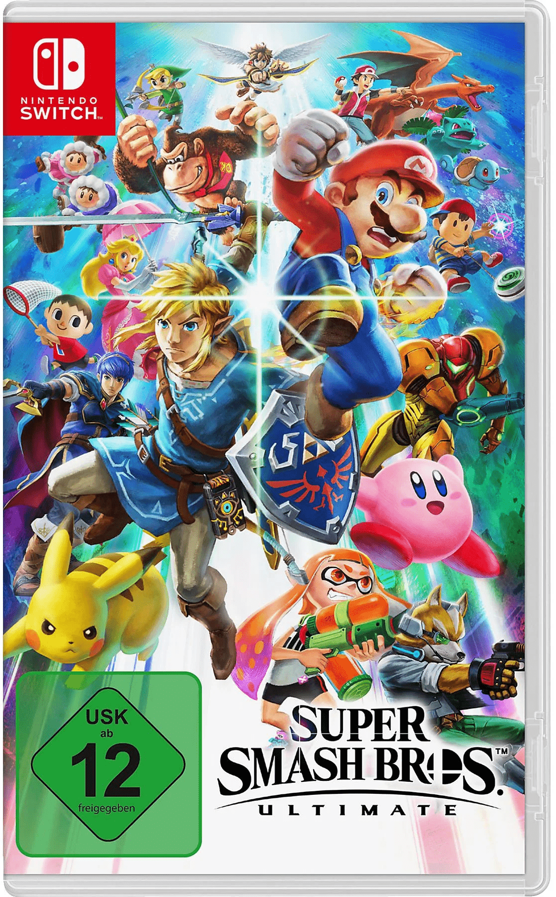 Spielcover von "Super Smash Bros. Ultimate" mit verschiedenen Nintendo-Charakteren im Kampfmodus.