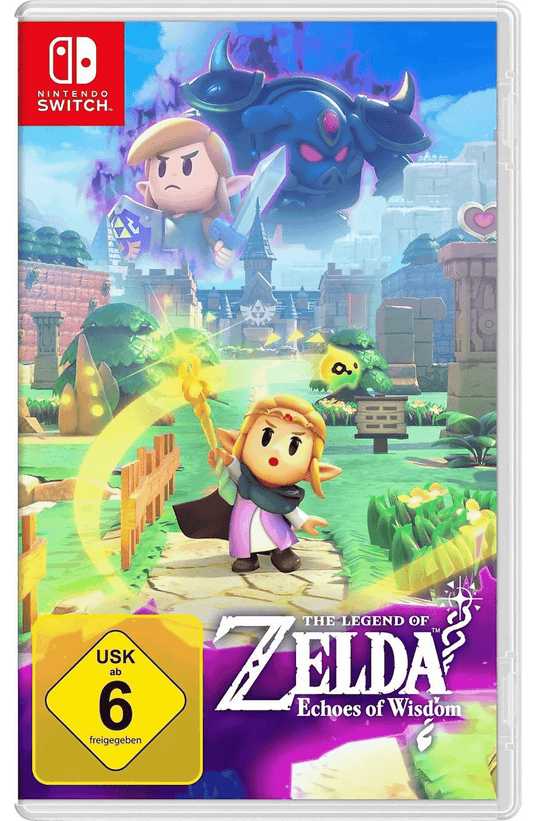 Das Bild zeigt das Cover des Nintendo Switch Spiels „The Legend of Zelda: Echoes of Wisdom“. Im Vordergrund steht Prinzessin Zelda mit erhobenem Stab in einer hellen, farbenfrohen Fantasy-Umgebung. Um sie herum leuchten Magieeffekte, während im Hintergrund eine Burg und verschiedene Landschaftselemente zu sehen sind. Oben links erscheint Link in geisterhafter Form sowie ein dunkles, bedrohliches Wesen. Unten links befindet sich das USK-6-Siegel, daneben das Logo des Spiels in Weiß und Violett.