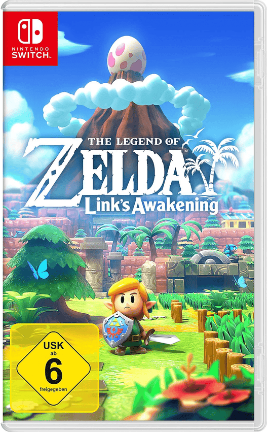 Das Bild zeigt das offizielle Cover des Nintendo Switch Spiels „The Legend of Zelda: Link’s Awakening“. Im Zentrum steht der Held Link mit Schwert und Schild in einer farbenfrohen, fantasievoll gestalteten Spielwelt. Hinter ihm erhebt sich ein hoher Vulkan mit einem mysteriösen Ei an der Spitze – ein zentrales Element der Spielgeschichte. Umgeben von Bäumen, Blumen und Schmetterlingen vermittelt das Artwork den verspielten, märchenhaften Stil des Zelda-Remakes für die Nintendo Switch.
