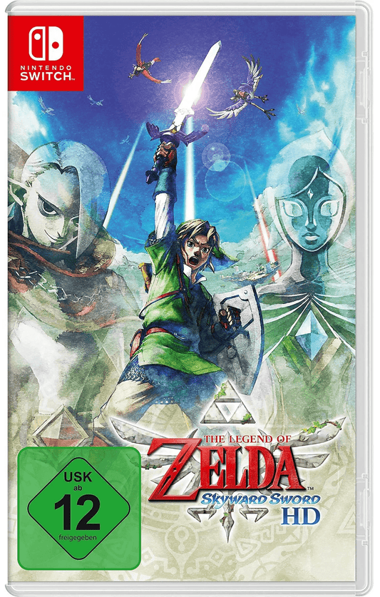 Episches Cover des Spiels „The Legend of Zelda: Skyward Sword HD“ mit Link, Schwert erhoben, und mystischen Figuren im Hintergrund.
