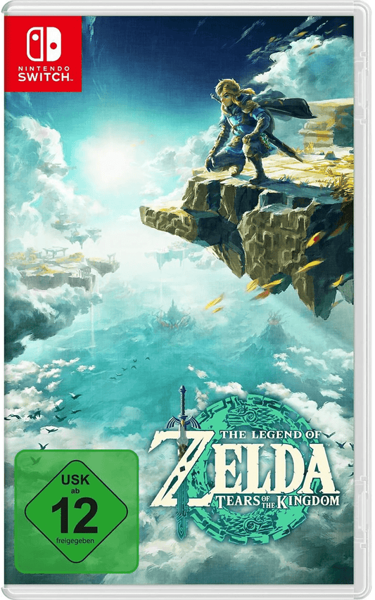 Spielecover mit Link auf einer schwebenden Felsplattform, der in die weite, wolkenverhangene Fantasylandschaft blickt. Im Hintergrund schweben weitere Inseln über einer geheimnisvollen Welt.
