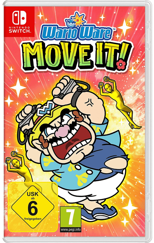 Spielecover zeigt Wario, wie er mit einem wütenden Gesichtsausdruck Controller über dem Kopf schwingt. Im Hintergrund Explosionen, Sterne und Tänzer in Aktion.