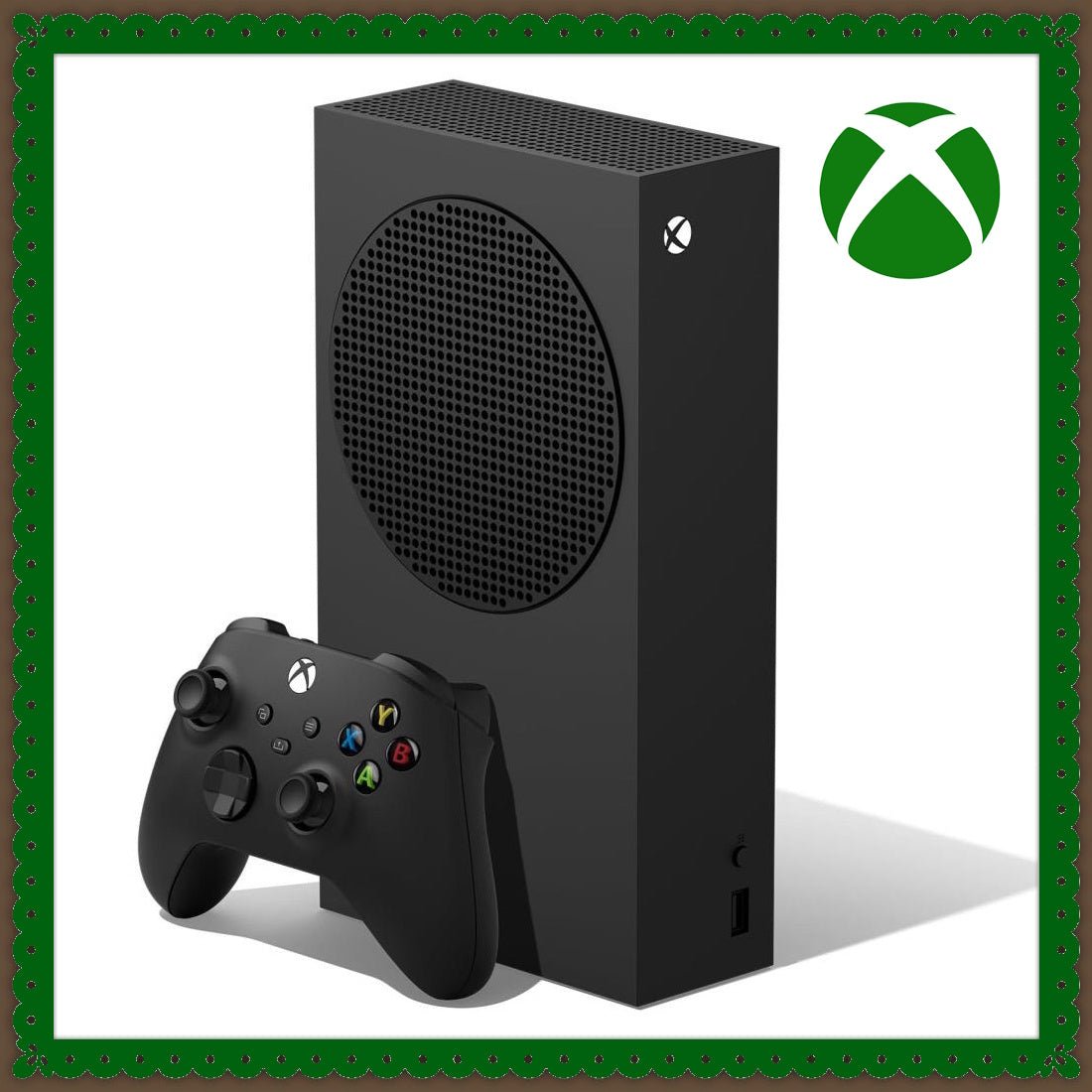 Diese kompakte, moderne Konsole ist die Xbox Series S in edlem Weiß, begleitet von einem passenden weißen Controller. Die Xbox Series S richtet sich an Spieler, die digitale Spiele bevorzugen, da sie ohne Laufwerk auskommt. Das markante, minimalistische Design wird durch das grüne Xbox-Logo ergänzt, das oben rechts im Bild zu sehen ist. Der Controller bietet präzise Steuerung und ergonomischen Komfort.