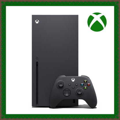Die abgebildete Konsole ist die Xbox Series X von Microsoft, präsentiert mit einem passenden schwarzen kabellosen Controller. Die Konsole ist in vertikaler Position dargestellt, mit dem bekannten Xbox-Logo oben links. Der Controller liegt direkt davor und zeigt die farbigen X, Y, A und B Tasten, den D-Pad sowie die Analogsticks. Diese leistungsstarke Konsole unterstützt 4K-Gaming und bietet schnellen SSD-Speicher.
